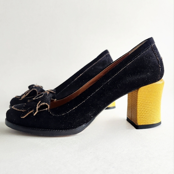 Fendi Austen Black Suede Leather Loafer Pumps, Slip-On W/Stacked Yellow Heel 37 - Picture 3 of 16